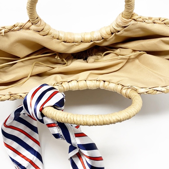 NWOT Retro Summer Beach Rattan Handbag With Scarf - Picture 8 of 10